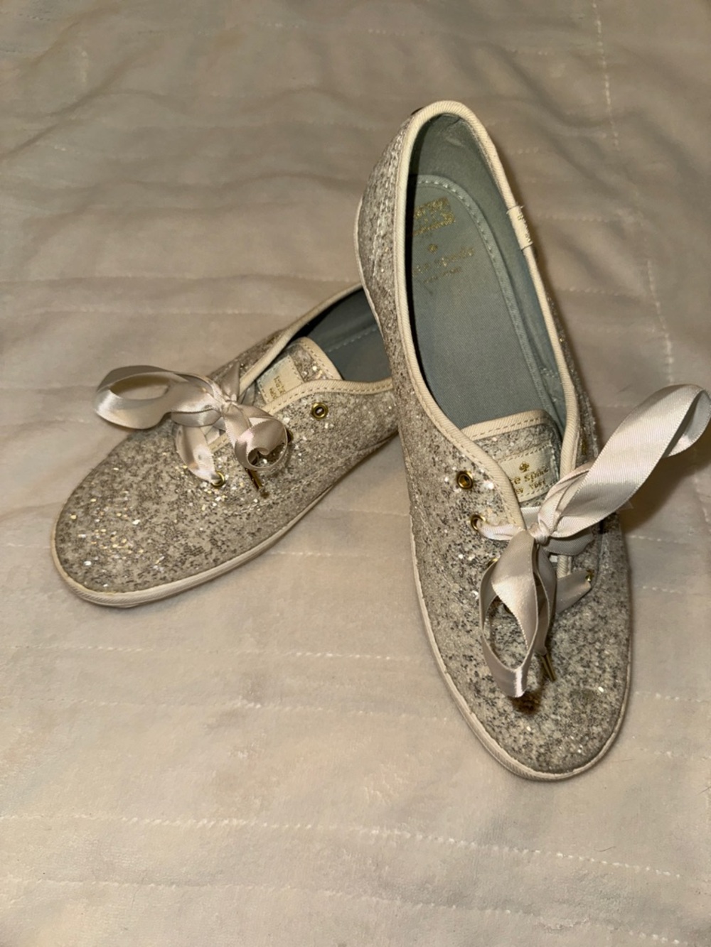 Glitter Ribbon-Trim Women’s Slip-On Flats in Light Silver